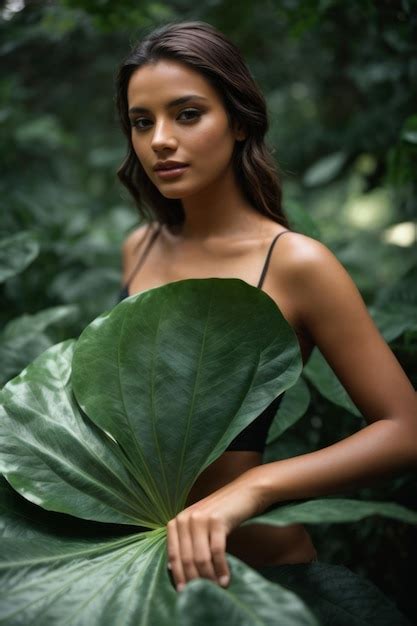 A Beautiful Charming Brunette Woman A Model Holds And Covers Her Body With A Large Green Leaf In