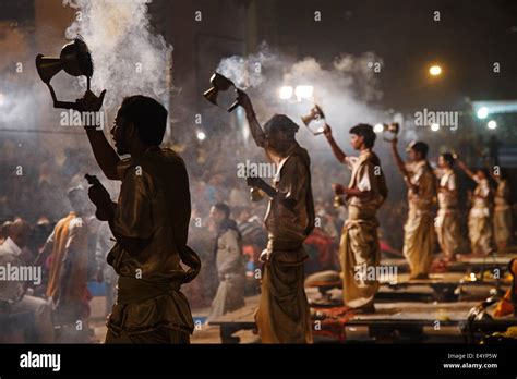 Evening Ganga Aarti (aarthi) Hindu religious spiritual ritual and ...