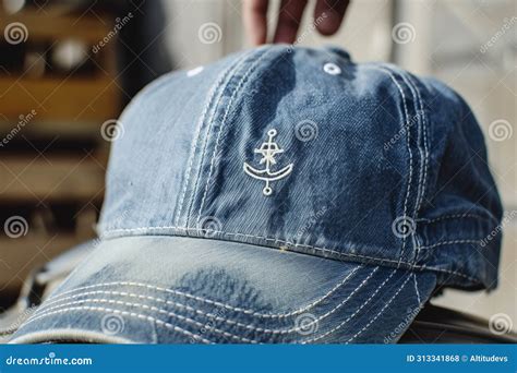 Denim Baseball Cap With Logo Embroidery Being Modeled Stock