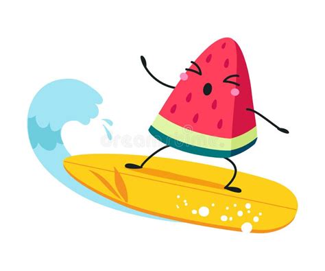 Sandía Como Personaje De Frutas De Verano Surfista Ola De Montar En