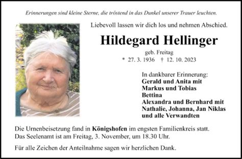 Traueranzeigen Von Hildegard Hellinger Trauerportal Ihrer Tageszeitung