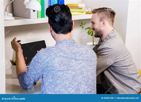 Happy Gay Couple Using Laptop Stock Image Image Of Casual Household 66091981