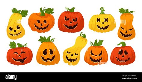 Halloween Pumpkin Face Flat Cartoon Set Pumpkins With Scared And