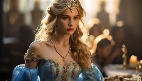Premium AI Image A Girl Like Princess Blonde Hair In A Blue Princess Dress