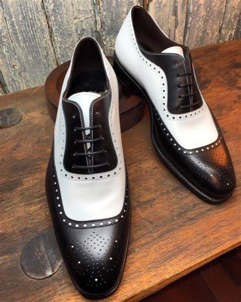 New Handmade Two Tone Brogue Leather Shoes Men Black And White Lace Up