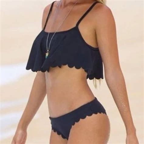 Black Swimwear Sexy Swimming Suit Ruffled Bandeau Women Bikini Black