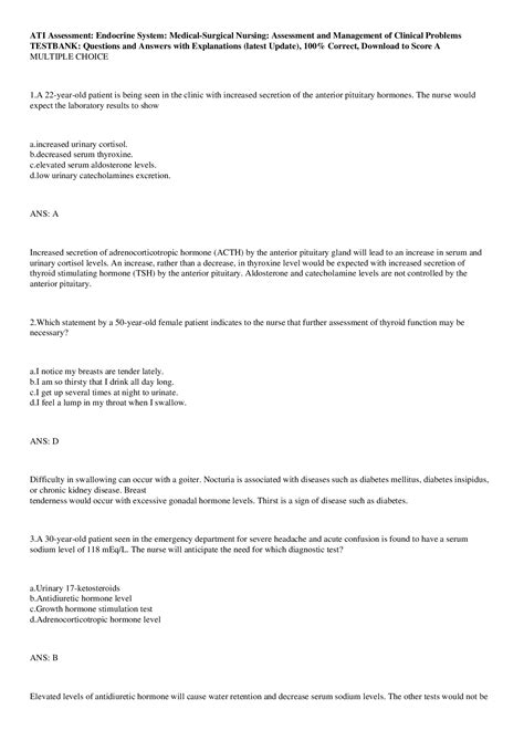 Ati Assessment Endocrine System Medical Surgical Nursing Assessment