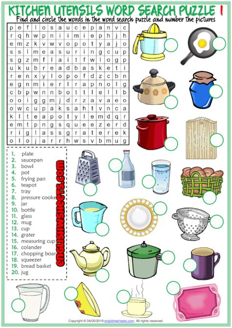 Kitchen Utensils Esl Word Search Puzzle Worksheets