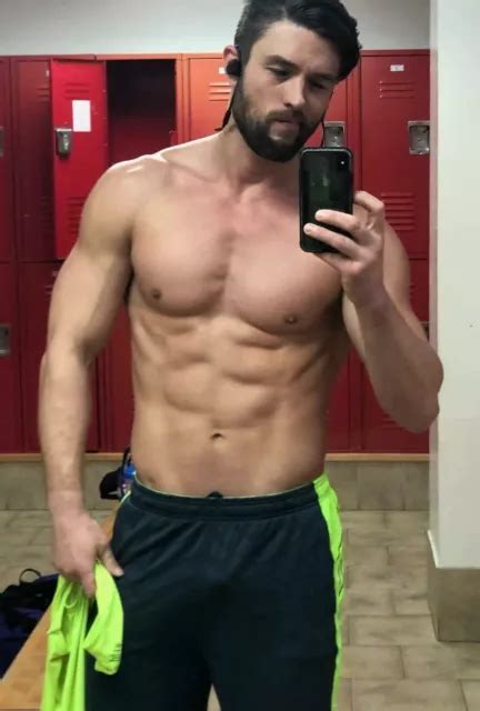 Shirtless Muscular Male Beefcake Locker Room Bearded Hunk Jock Photo