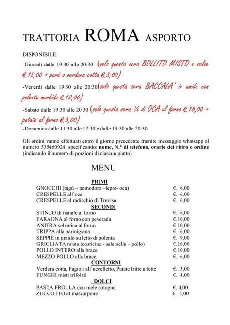 Menu Da Trattoria Roma Ristorante Meolo