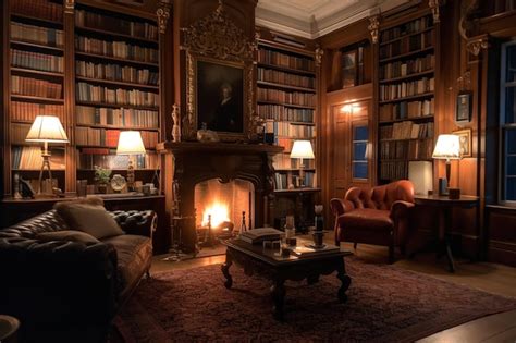 Premium Photo | A library with a fireplace and a fireplace with a ...