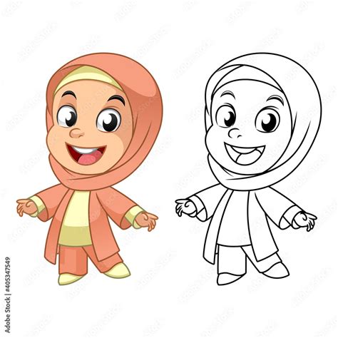 Cute Happy Muslim Girl Wearing Hijab with Line Art Drawing, Children ...