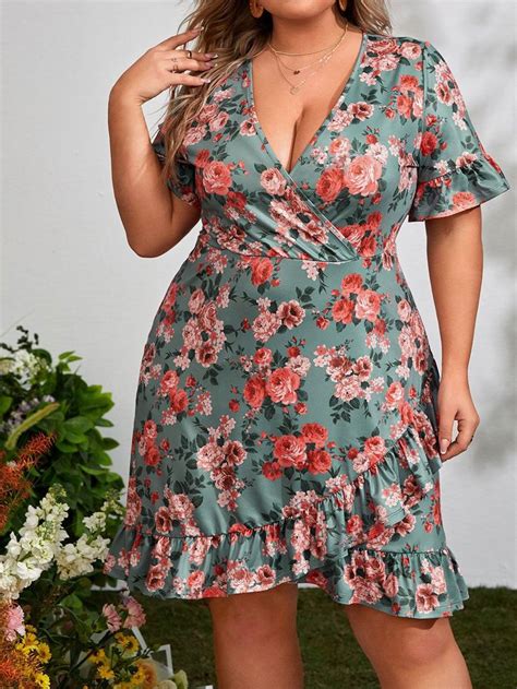 Plus Floral Print Flounce Sleeve Ruffle Hem Dress