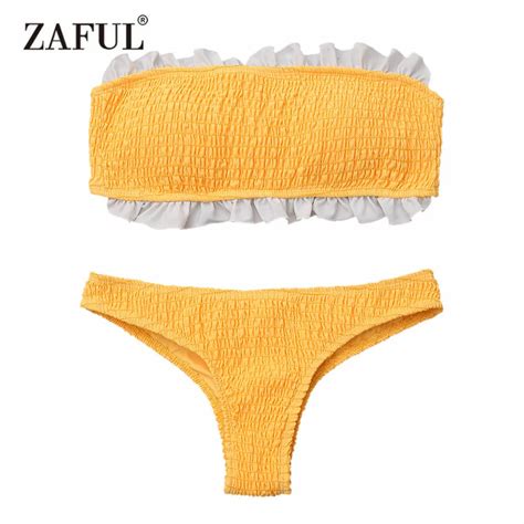 Zaful New Bikini Ruffles Bandeau Smocked Bikini Top And Bottoms