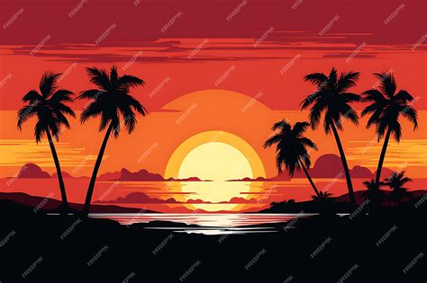 Premium Vector Sunset Scene Palm Trees Style