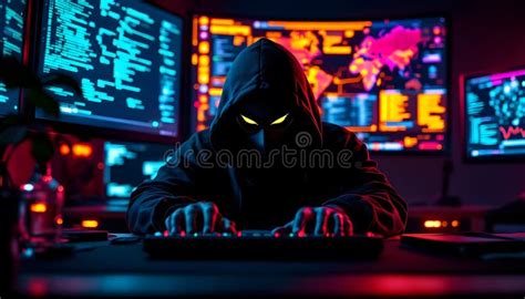 Hacker Typing on Keyboard with Glowing Eyes in Dark Room Setting Stock ...