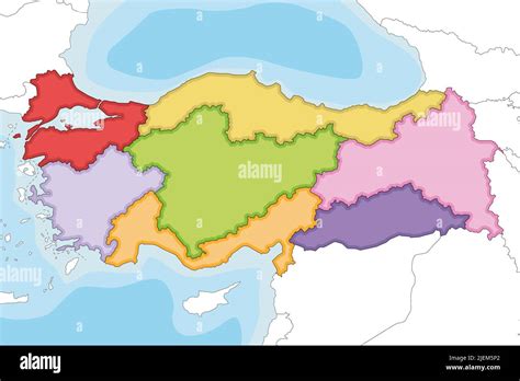 Vector Illustrated Blank Map Of Turkey With Regions And Geographical Divisions And Neighbouring