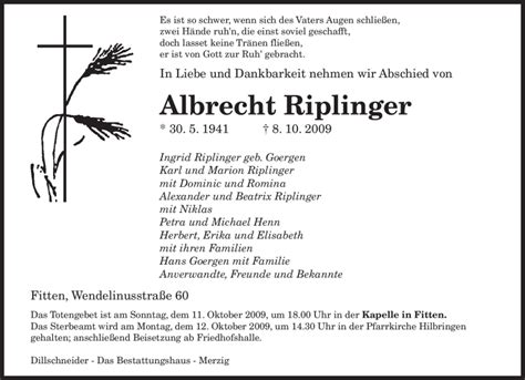 Traueranzeigen Von Albrecht Riplinger Saarbruecker Zeitung Trauer De