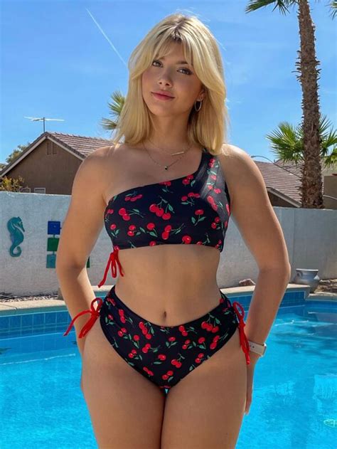 Shein Swim Mod Cherry Print Bikini Set Drawstring One Shoulder Bra