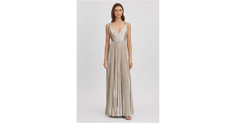 Halston Metallic Pleated Maxi Dress In Natural Lyst