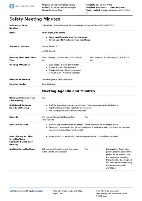 Safety Meeting Minutes Template Best Template Ideas Safety