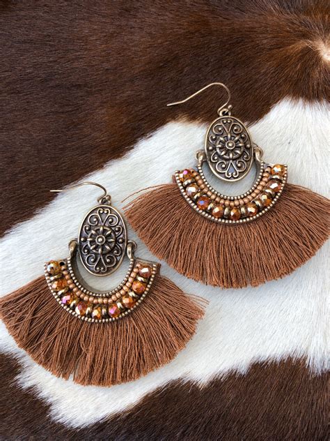 Seidy ” Boho Tassel And Crystal Bead Earrings Brown Ale Accessories