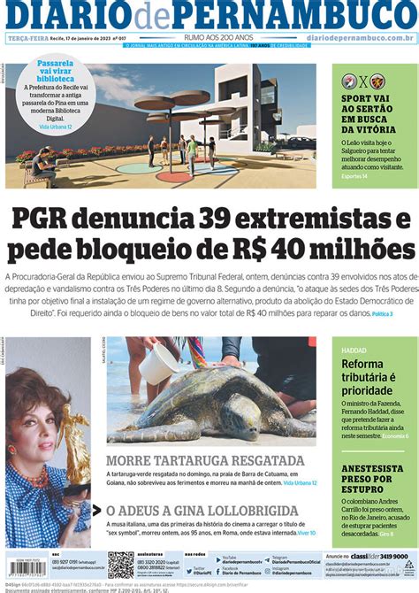 Capa Diario De Pernambuco Edi O Ter A De Janeiro De