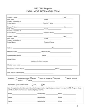 Fillable Online Care Enrollment Form Pdf Cleburne Independent School