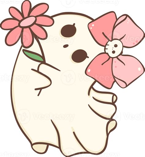 Cute Pink Halloween Ghost Girl With Flower Cartoon Doodle Png