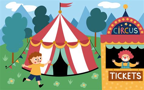 vector scene  circus marquee boy running   ticket box