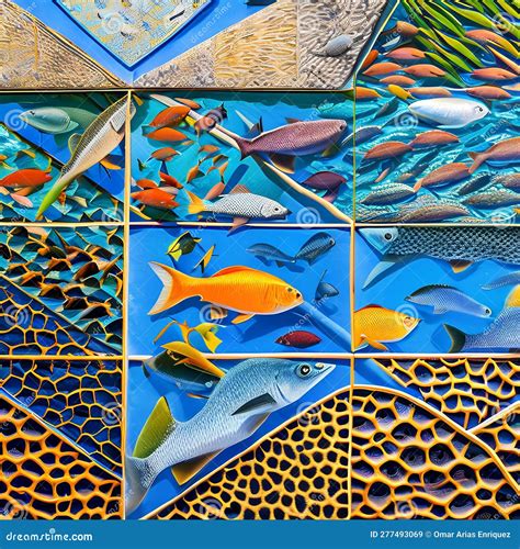 A Tessellation Of Fish In Various Sizes And Colors Swimming In