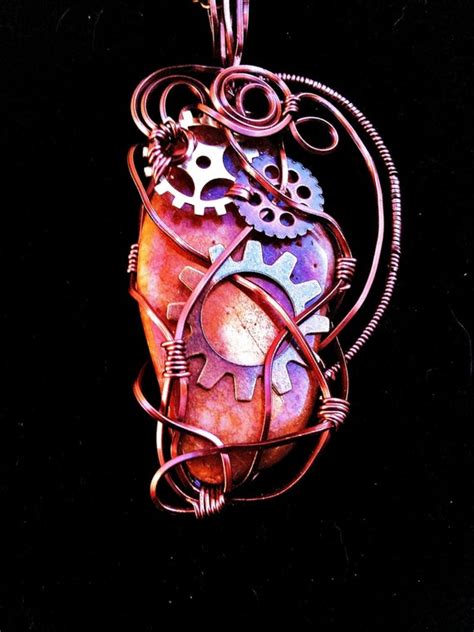 Steampunk Wire Wrapped Necklace Copper Gears Gemstone Womans