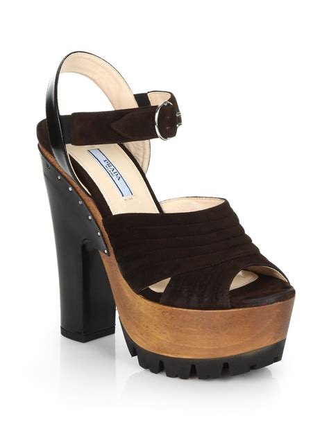 Prada Suede Wooden Platform Sandals In Black BROWN BLACK Lyst