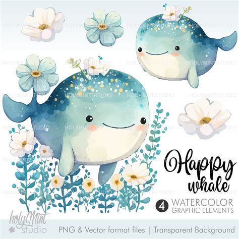 Whale Clipart Watercolor Whale Clipart Whale Vector Whale Graphics