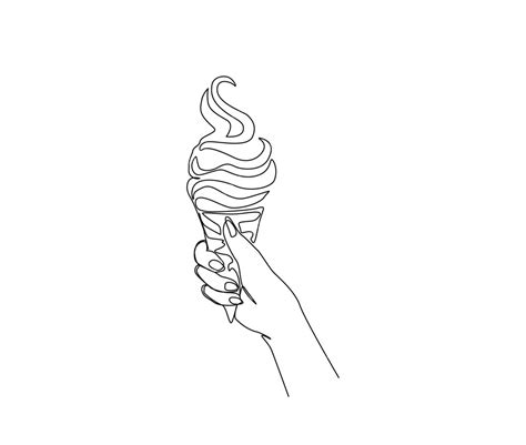 Dibujo De Línea Continua De La Mano Que Sostiene El Cono De Helado Cono