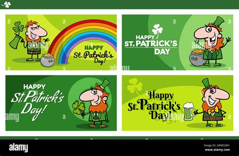 Cartoon Illustration Of Saint Patrick Day Greeting Cards Design Set