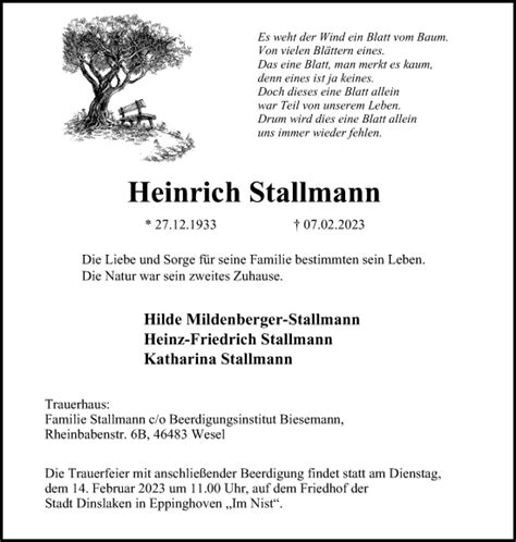 Traueranzeigen Von Heinrich Stallmann Trauer In Nrw De