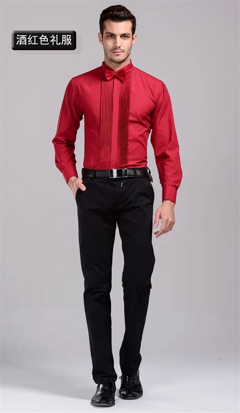 Free Shipping Men Long Sleeve Wine Redburgundy Tuxedo Shirt In Tuxedo