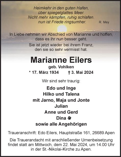 Traueranzeigen Von Marianne Eilers Nordwest Trauer De