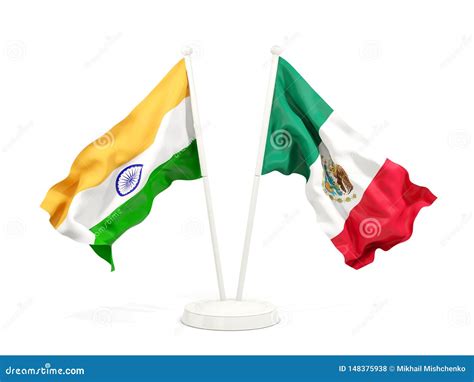 Two Waving Flags Of India And Mexico Isolated On White Stock