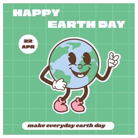 Happy Earth Day Card Vintage Nostalgia Cartoon Earth Planet Character