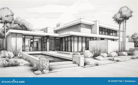 Mid Century Modern Luxury Villa Sketch With Tonal Colors Stock