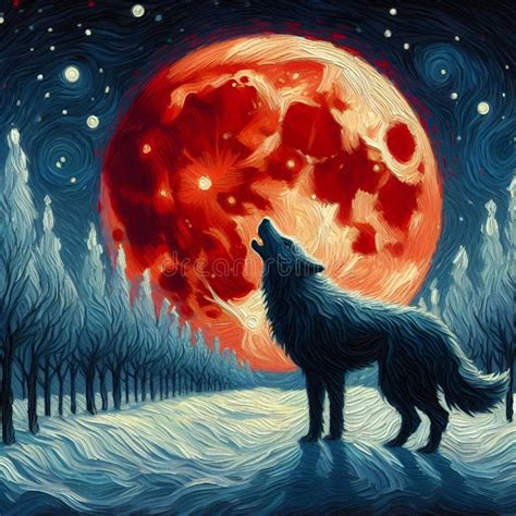 A Silhouette of Charming Wolf with Red Moon, at a Snow Covered ...