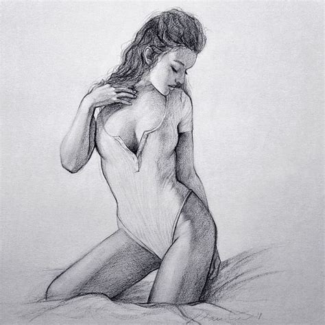 A Pencil Drawing Of A Naked Woman Sitting On The Ground With Her Arm