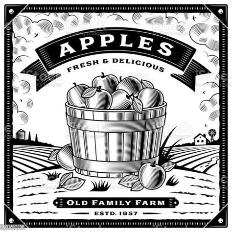 Retro Apple Harvest Label With Landscape Black And White Stock