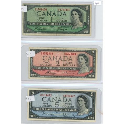 1954 Canadian 1 Dollar Bill, 1954 2 Dollar Bill and 1954 5 Dollar Bill ...