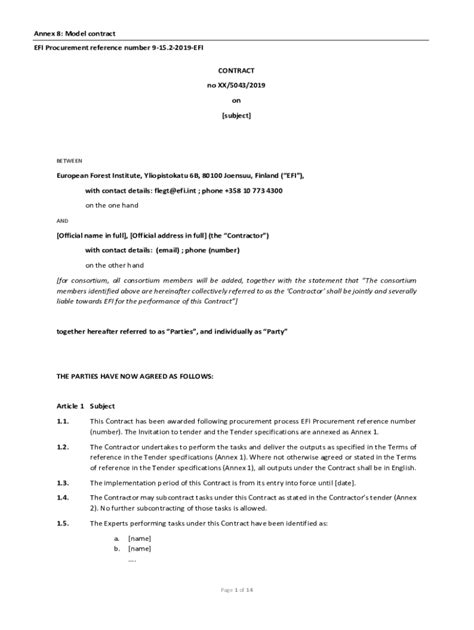 Fillable Online Annex 8 Model Contract EFI Procurement Reference