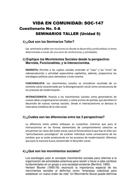 Cuestionario Vida En Comunidad VIDA EN COMUNIDAD SOC Cuestionario