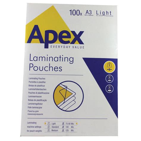 Fellowes Apex A3 Light Duty Laminating Pouches 150 Micron Clear 100