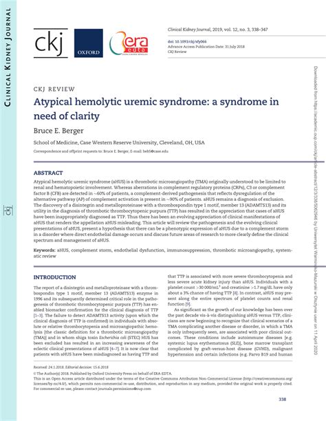 PDF Atypical Hemolytic Uremic Syndrome A Syndrome In Need Of Clarity